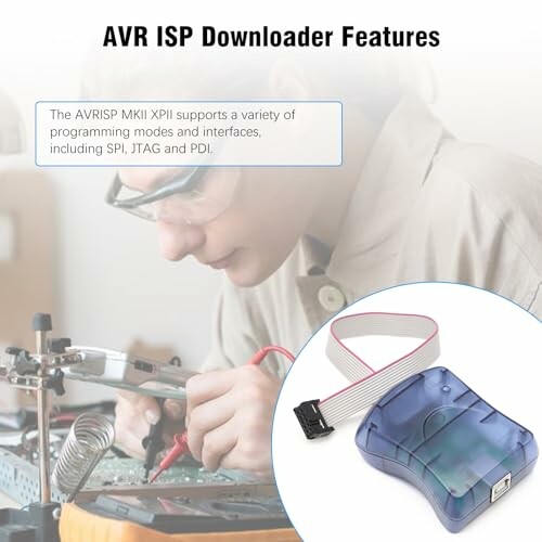 Technician using AVR ISP downloader with circuit board.