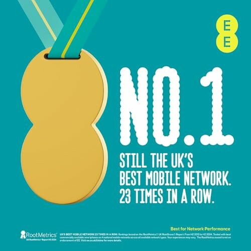 EE No.1 UK mobile network ad with medal graphic.