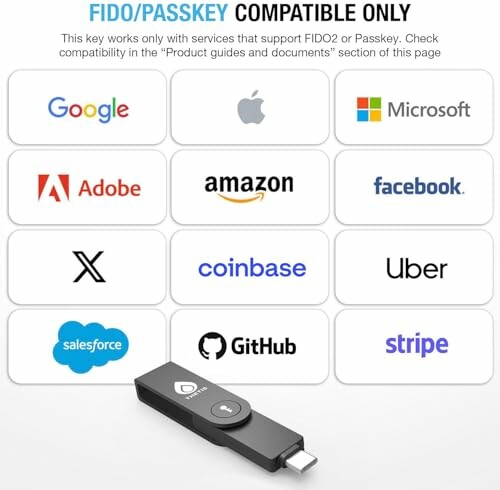 List of FIDO/Passkey compatible services with logos and a security key.
