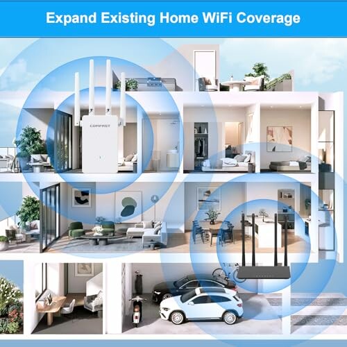 Illustration of a multi-story home with expanded WiFi coverage.