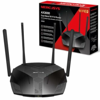 Mercusys AX3000 dual-band Wi-Fi 6 router with packaging box.