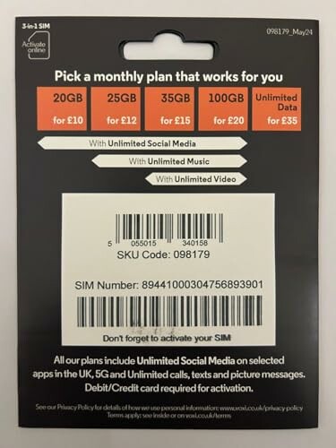 SIM card package with monthly plans and pricing details.
