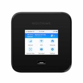 Nighthawk M7 mobile router with display screen showing WiFi settings.