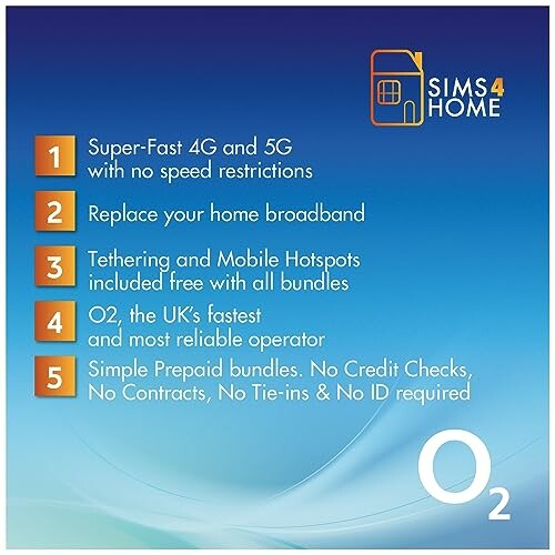 Sims4Home benefits: fast 4G and 5G, replace broadband, tethering included, reliable operator, simple prepaid bundles.