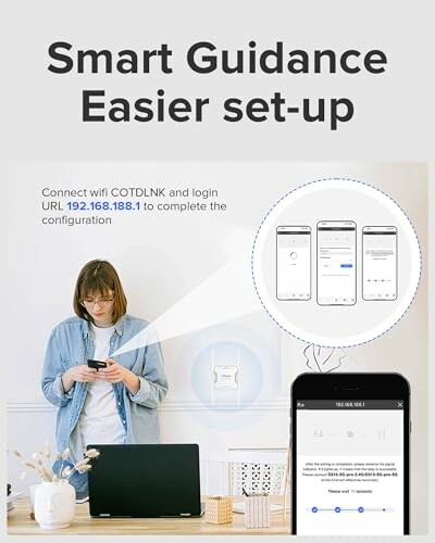 Person using phone for WiFi setup with instructions on screen.
