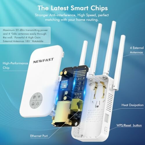 WiFi extender with open casing showing internal chips and four external antennas.