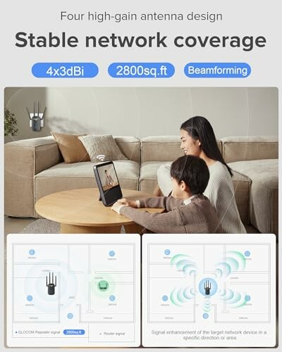 Diagram illustrating stable network coverage with a family using a tablet.