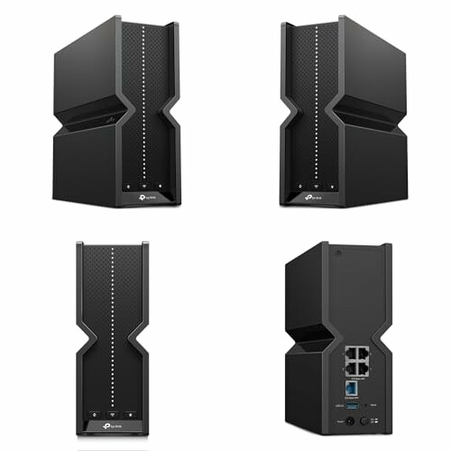 Multiple views of a black TP-Link router with ports and buttons visible.