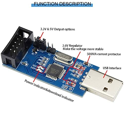 USB to Serial Adapter Module with labeled components including output options and USB interface.