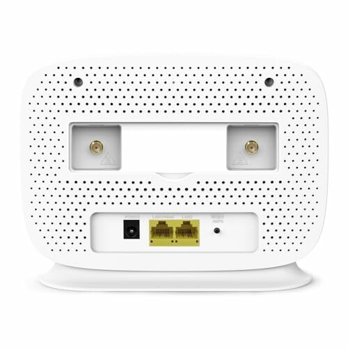 Back view of a white wireless router with ports and ventilation holes.