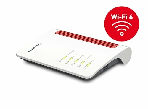 Wi-Fi 6 router with indicator lights and red Wi-Fi 6 symbol