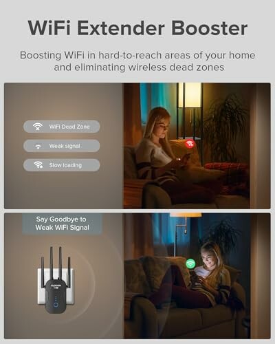 Woman using WiFi extender booster to improve signal in a home.