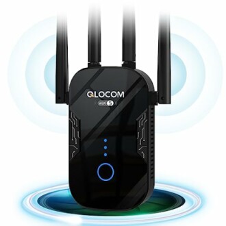 Black WiFi extender with antennas and glowing blue lights