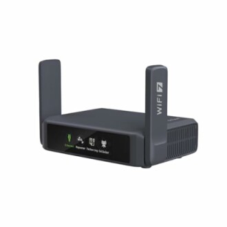 WiFi router with dual antennas and status indicators.